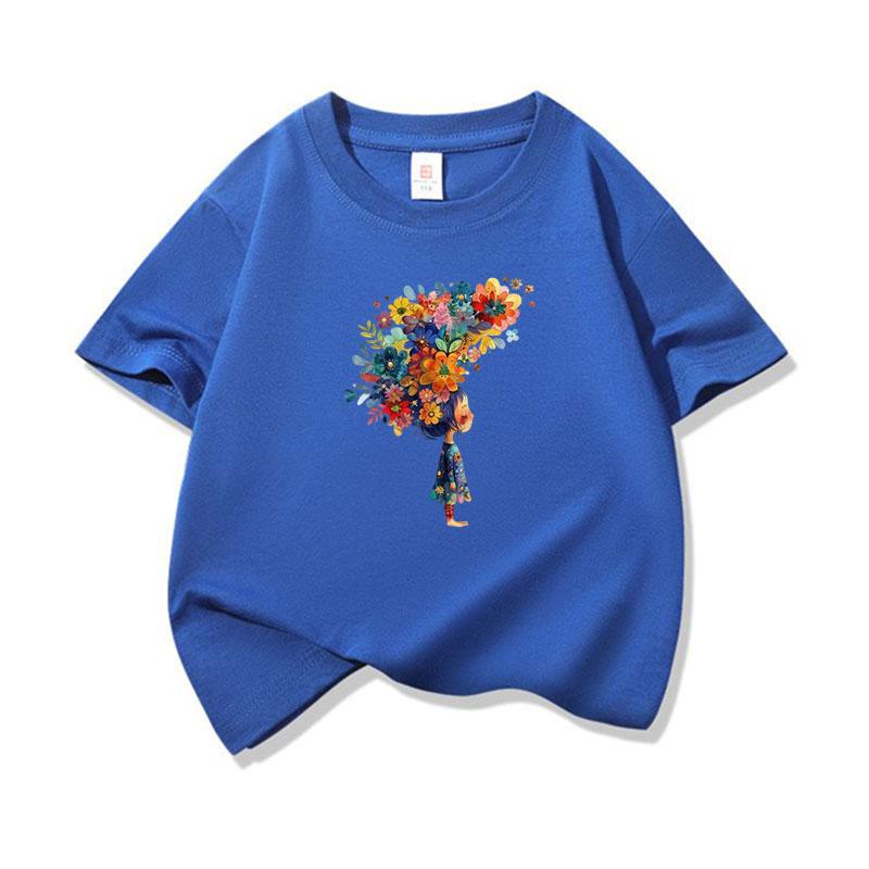 Kids Cotton T Shirt Multicolor Flower Girl Print Crew Neck Short Sleeve Tee Casual Breathable Boys Girls Summer Tops
