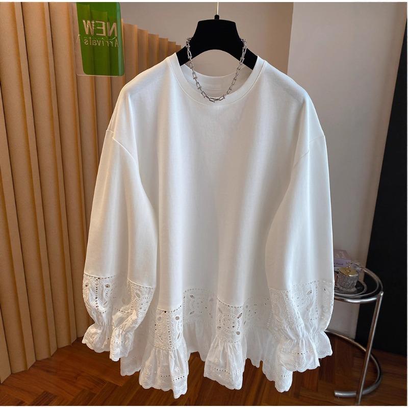 Women S Plus Size White Lace Splicing Long Sleeve T Shirt Loose Round Neck Top
