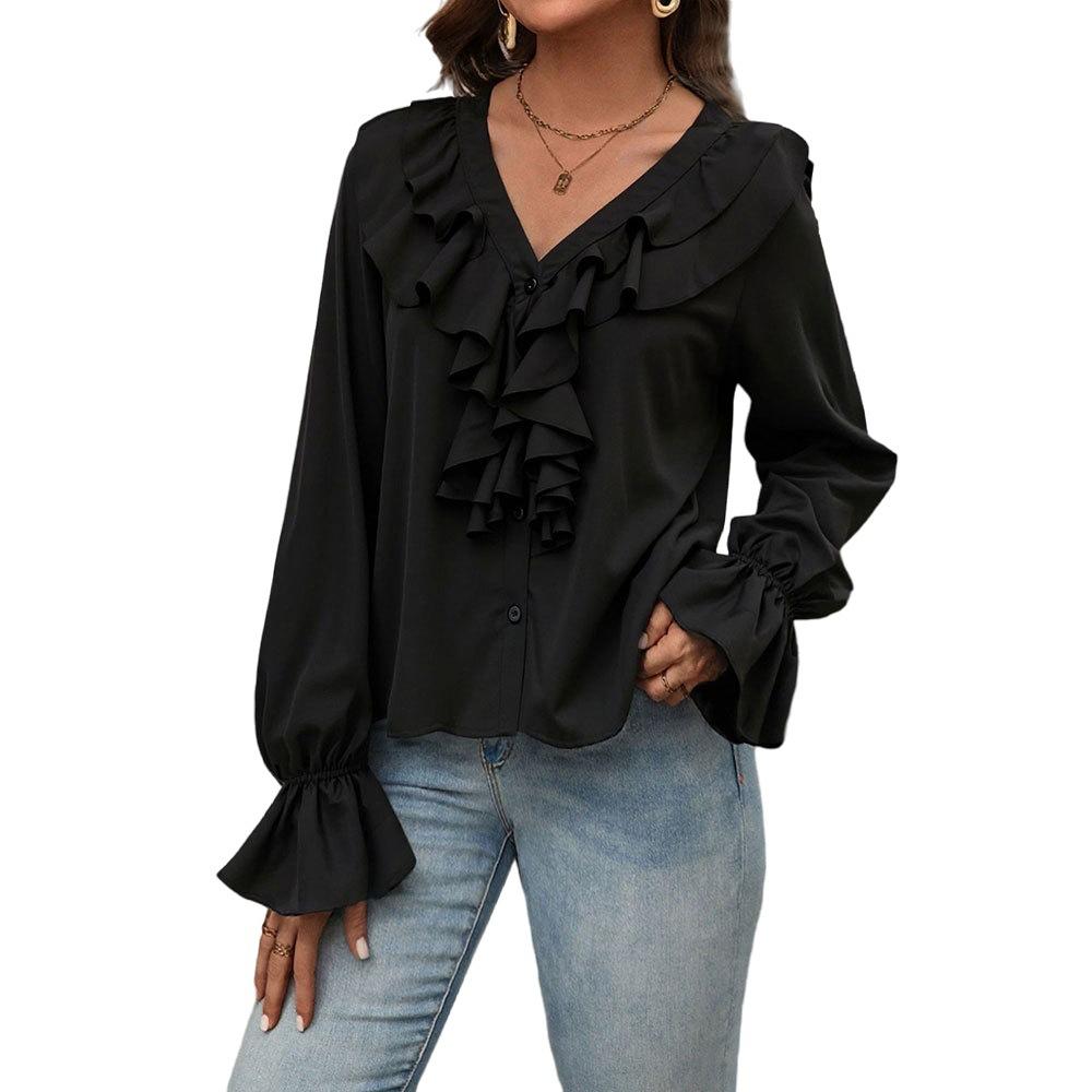 European and American women s clothing autumn new V-neck ruffle edge temperament elegant shirt women S