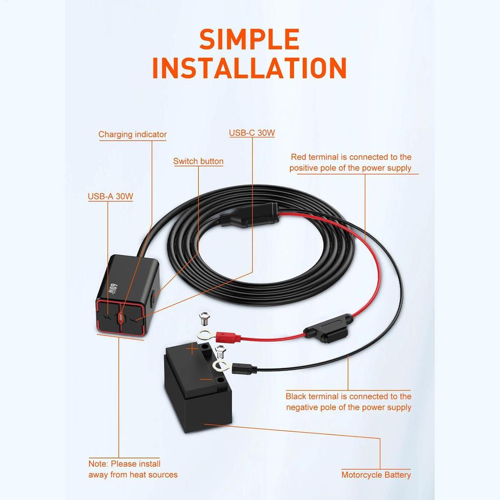 60W Waterproof Motorcycle USB C Fast Charger Handlebar Phone Charger Multi-speed Adjustable Vehicle-Mounted Charger Adapter