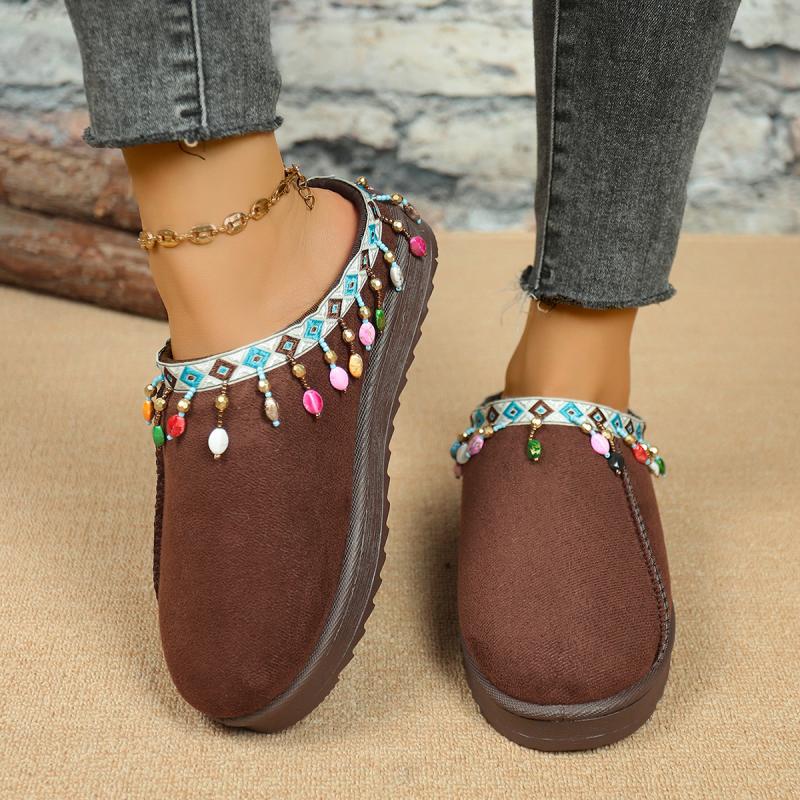Pantofole in Cotone Decorazione Frange Boemia Donna Inverno 2025 Comfort Suola Spessa Non-Slip Calde Peluche Corto Ciabatte da Esterno