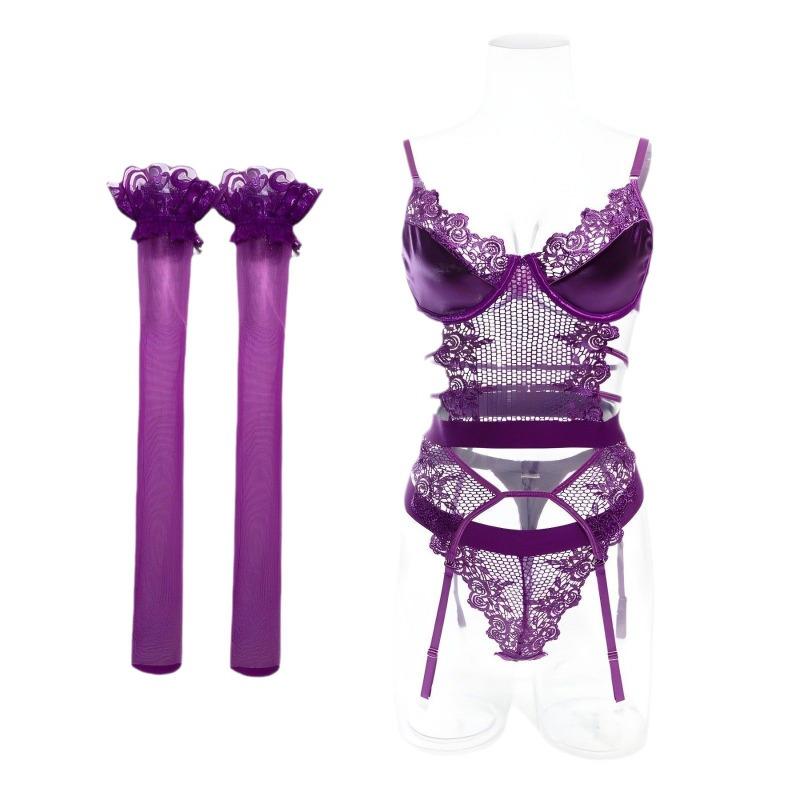 Sexy purple lace garter with steel ring sexy sexy underwear three-piece body sculpting set
