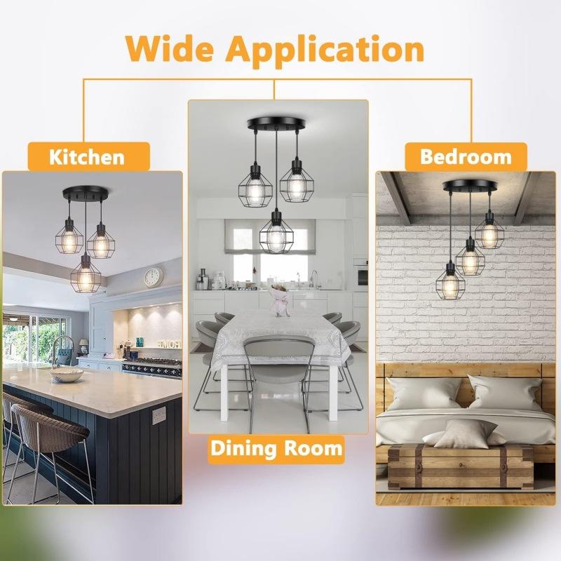 Vintage Pendant Lamp 3 head Hanging Lamp Ceiling Chandelier Metal Shade E27 Black, suitable for living room, dining room
