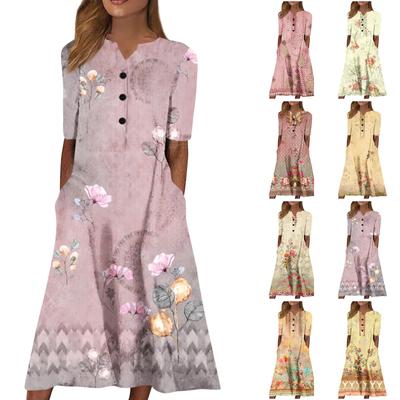 Women's Summer Casual Printing Fashion V-neck Short Sleeved Beach Swing Skirt