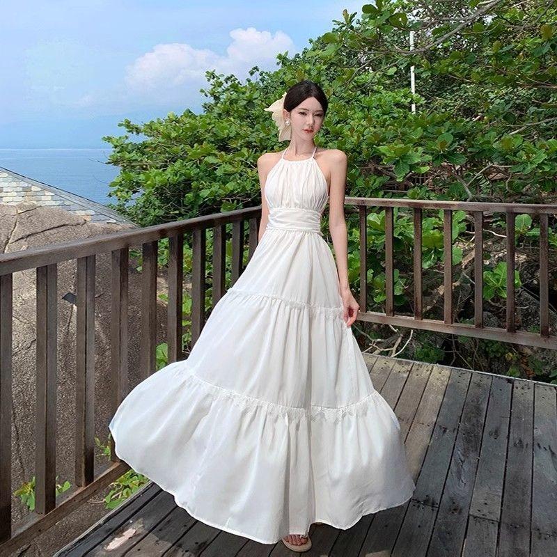 Seaside Vacation Style Design Sense Lace-up Beach Big Swing Skirt Summer New Niche Sweet Backless Neck Dress