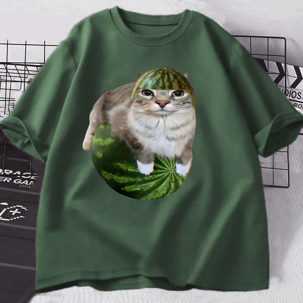 Watermelon Cat Silly Cat Funny Meme T Shirts Men's Women Clothing Casual Cotton T-shirt Fashion Short Sleeve Oversized T-shirts