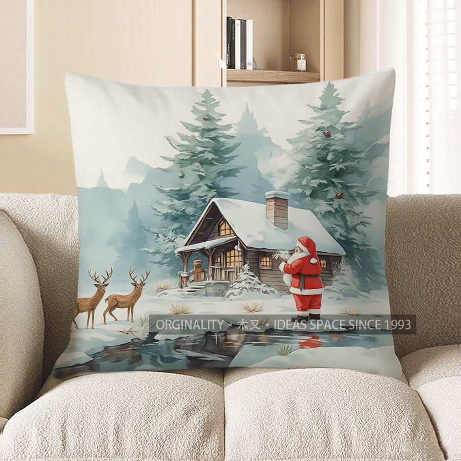 Home Decor Santa and Cabin Winter Scene Throw Pillow Pattern Cushion Cover Suitable for Sofa Bedroom Car Pillow Cover