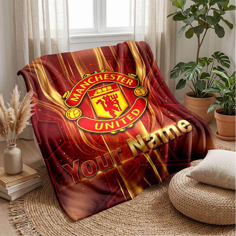 Coperta in Flanella Personalizzata con Nome Testo Manchester United Logo Calcio Plaid in Pile Personalizzato Regalo Speciale per Divano Camera da Letto Casa