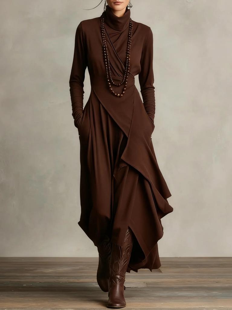 Oversized Long Sleeve Cross Neckline Solid Color Dress for Women Autumn Fall