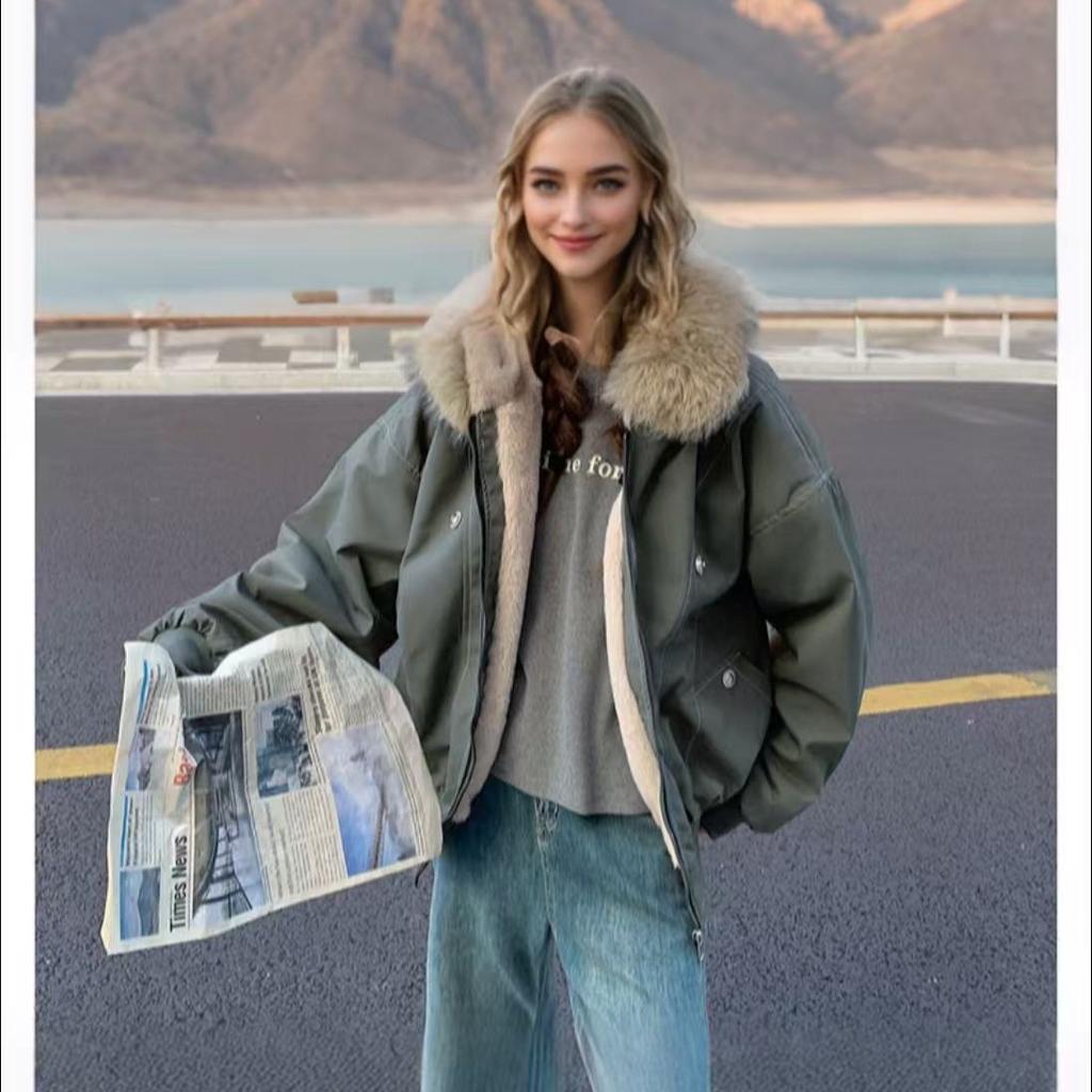 Zaoshan Carving Winter Cotton Jacket New Fleece Thickened Large Fur Collar Couple Pie Overcomes Short Cotton Jacket
