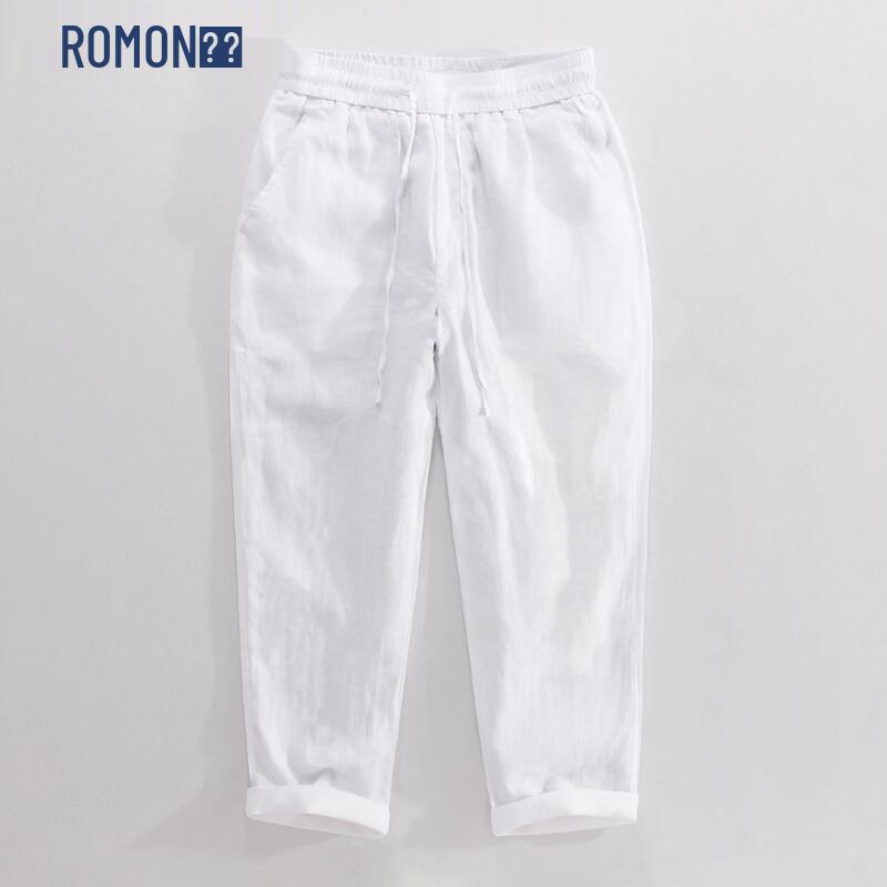ROMON Men s Spring/Summer Pure Linen Drawstring Casual Pants L