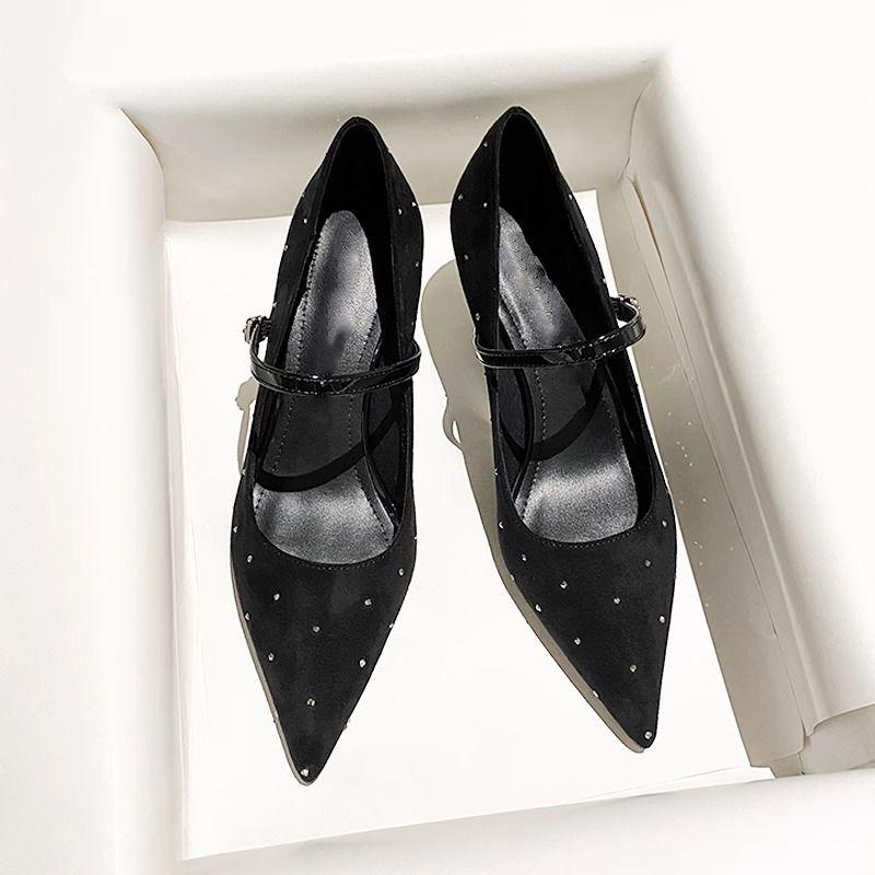 Black Suede Pointed Thick Heel Commuter High Heels Women's 2025 Spring New Year's One-word Buckle Retro Mary Jane Shoes