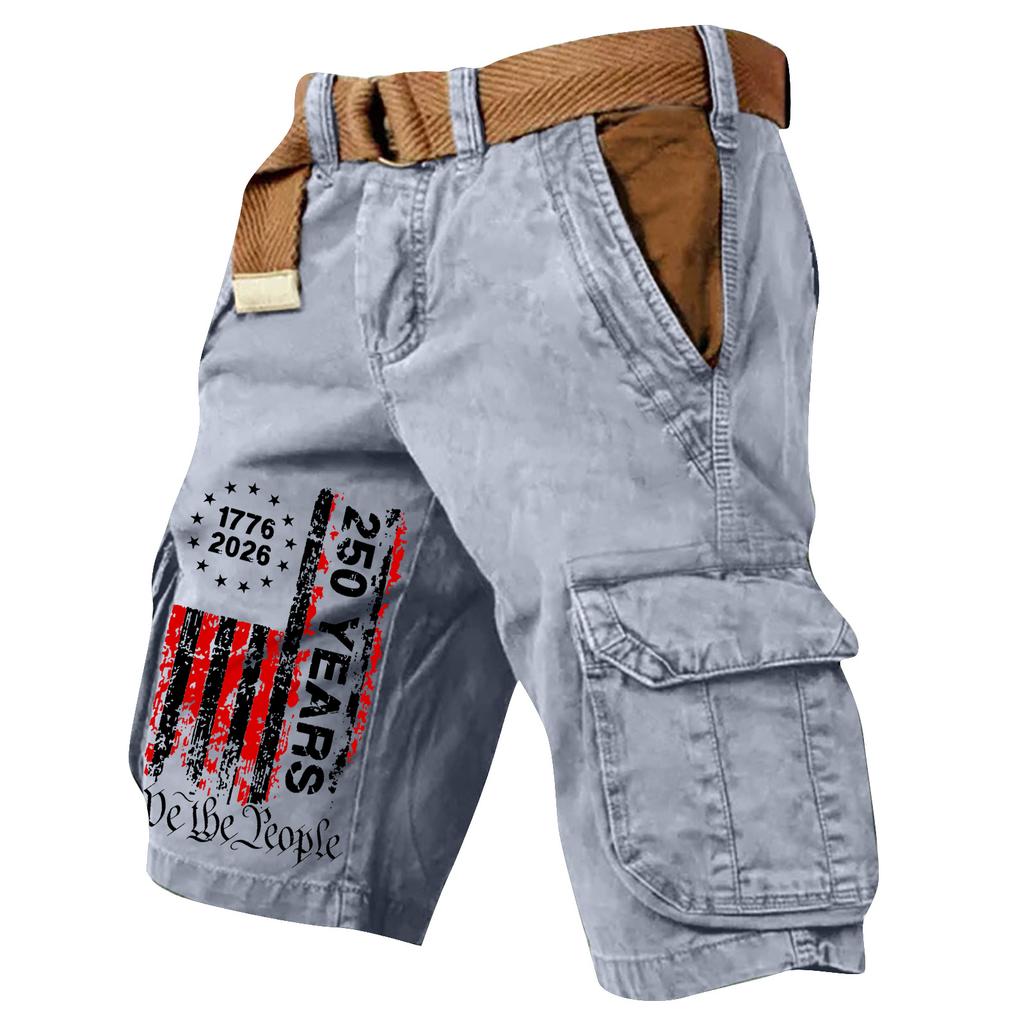 Pantaloncini Cargo Casual da Uomo con Cintura Multi Tasche Cotone Vestibilità Larga Stile Bandiera Stampata per Lavoro all'Aperto Viaggio
