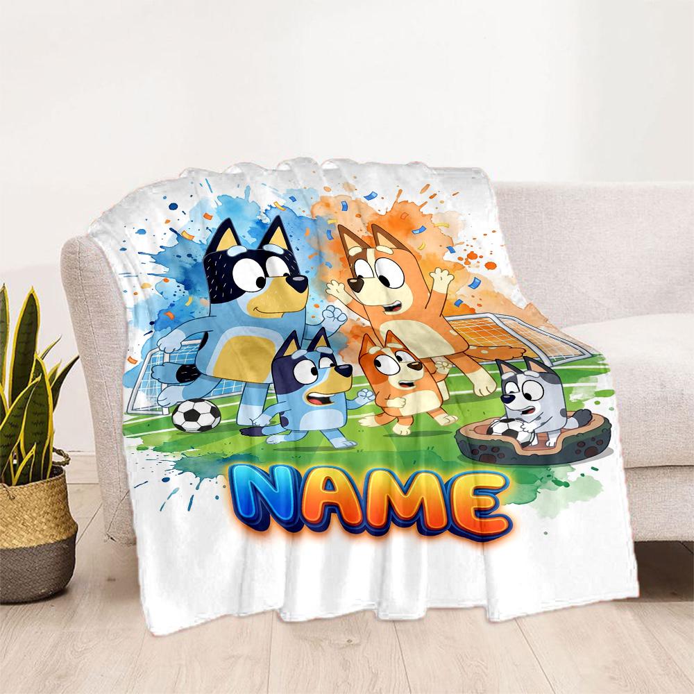 Bluey's Soccer Fun Customize Text Blanket Multi-purpose Personalized Blanket Soft & Cozy Perfect for Livingroom Chair Office Seaside for All Occasions