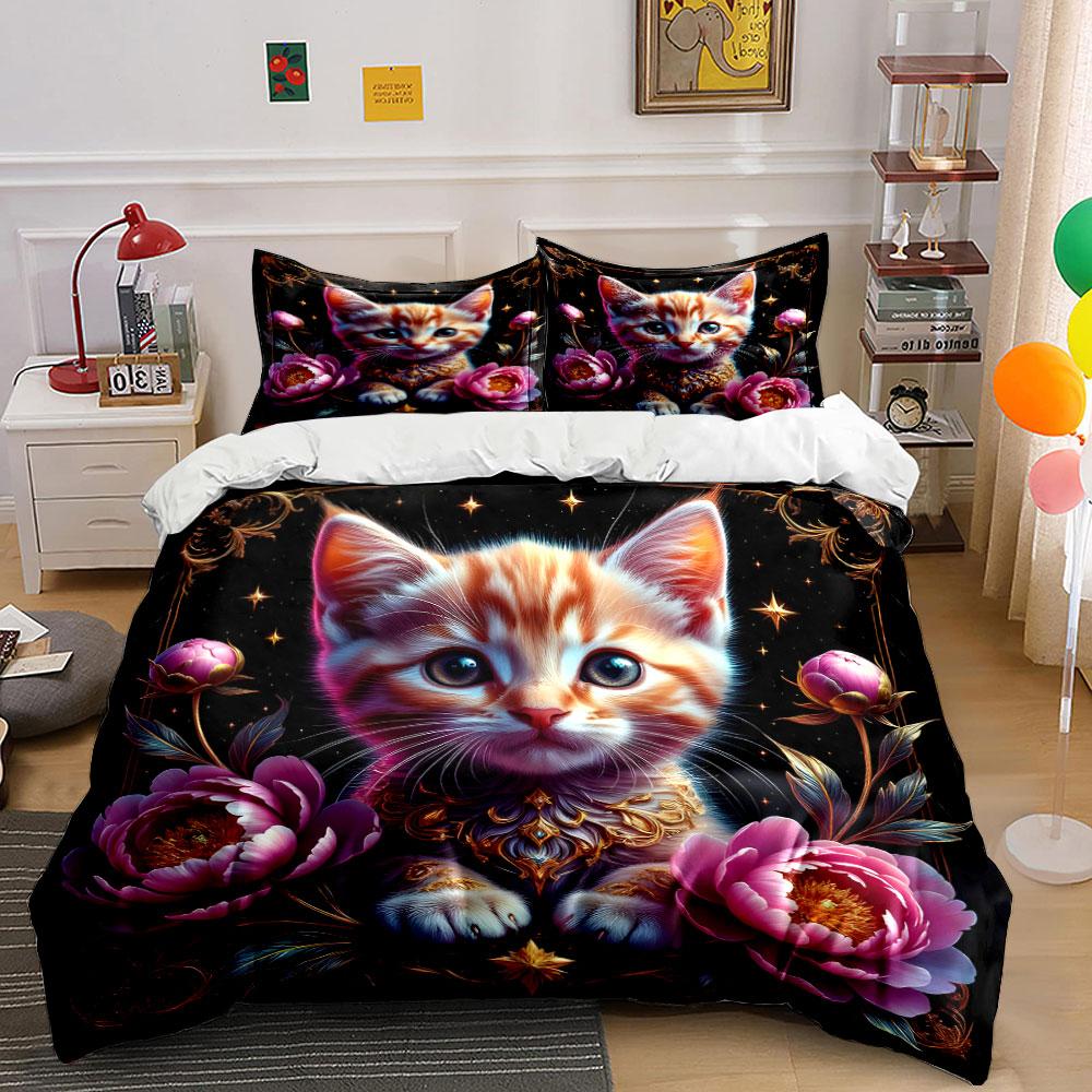 Elegant Floral Cat Art Set - Home Decor Kid'S And Adults' Bedroom Decor, Exquisite Three-Piece Bedding Set Gift