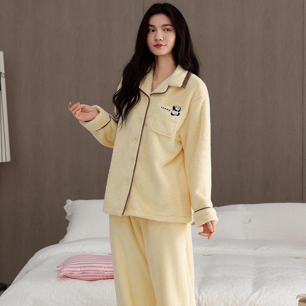 Women's Winter Flannel Pajama Set: Long Sleeve Cardigan & Warm Coral Fleece with Cartoon Panda Design