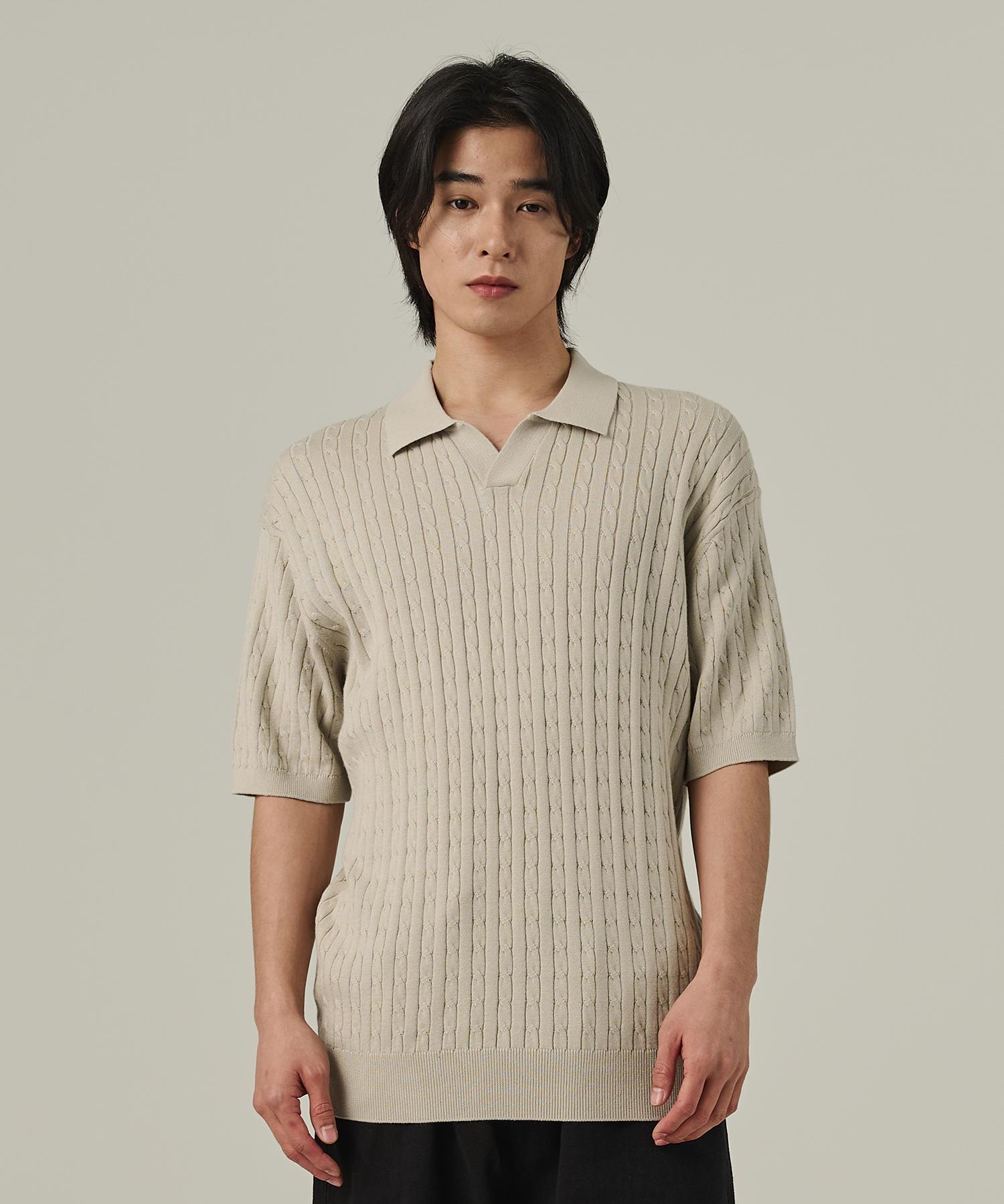 Analog Mood Cable Open Collar Short Sleeve Knit (Gray) Free