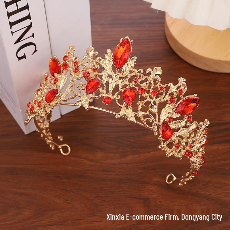 European Red Baroque Crown Headdress: Crystal Wedding Hair Accessories