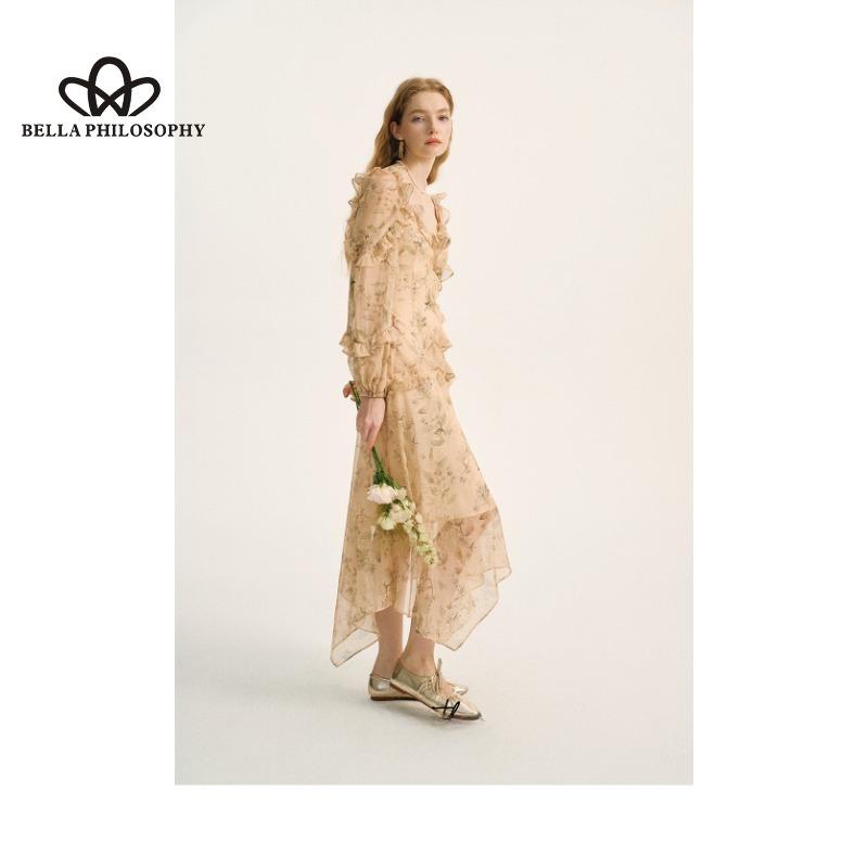 French Style Retro Elegant Floral Dress Fairy Long Dress Chiffon Dress Long Sleeve Seaside Holiday Long Sleeve Irregular Hem Dress