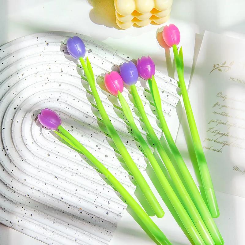 12Pcs/Lot Creative Tulip Color Changing Gel Pen 0.5mm Black Ink Writing Supplies Kawaii Flower Pens School Office Stationery