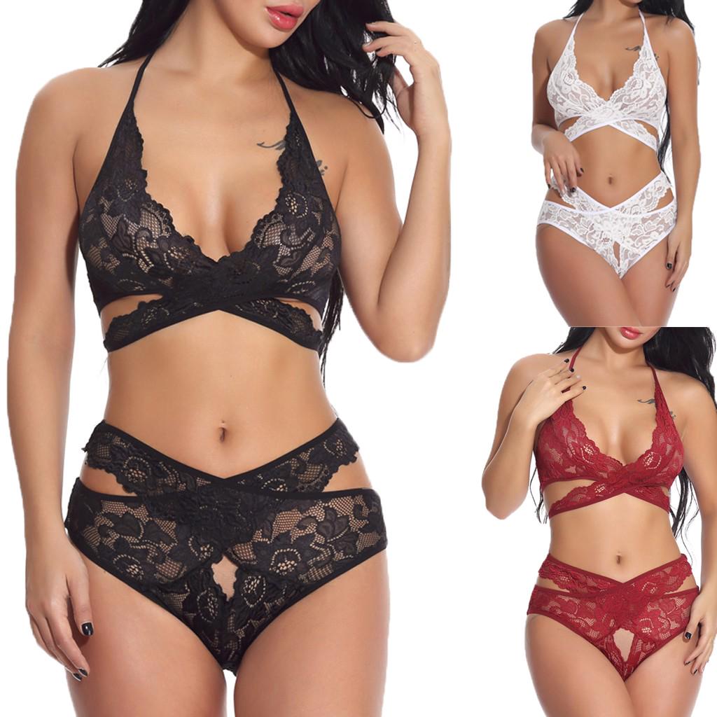 

женщины Плюс Размер Кружева Сексуальное белье Холлоу Halter Бюстгальтер Набор Babydoll нижнее белье