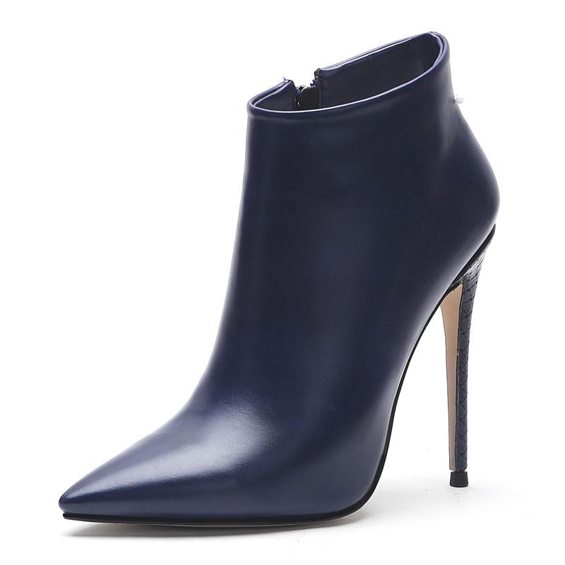 New European And American Style Pointed Thin Heel Print Super High Heels Short Boots Sexy Side Zipper Women's Bare Boots