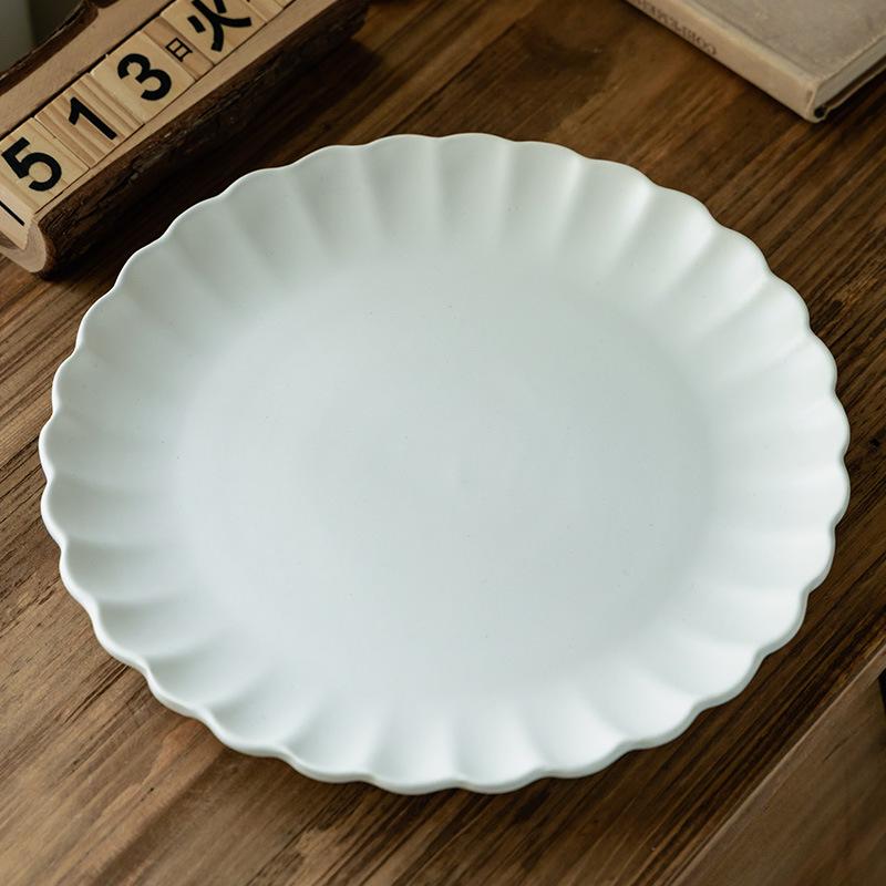 Simple Solid Color Flower-Shaped Frilly Plate High-Value Western Food Plate Ceramic Large Plate Household Round Plate Tableware Plate
