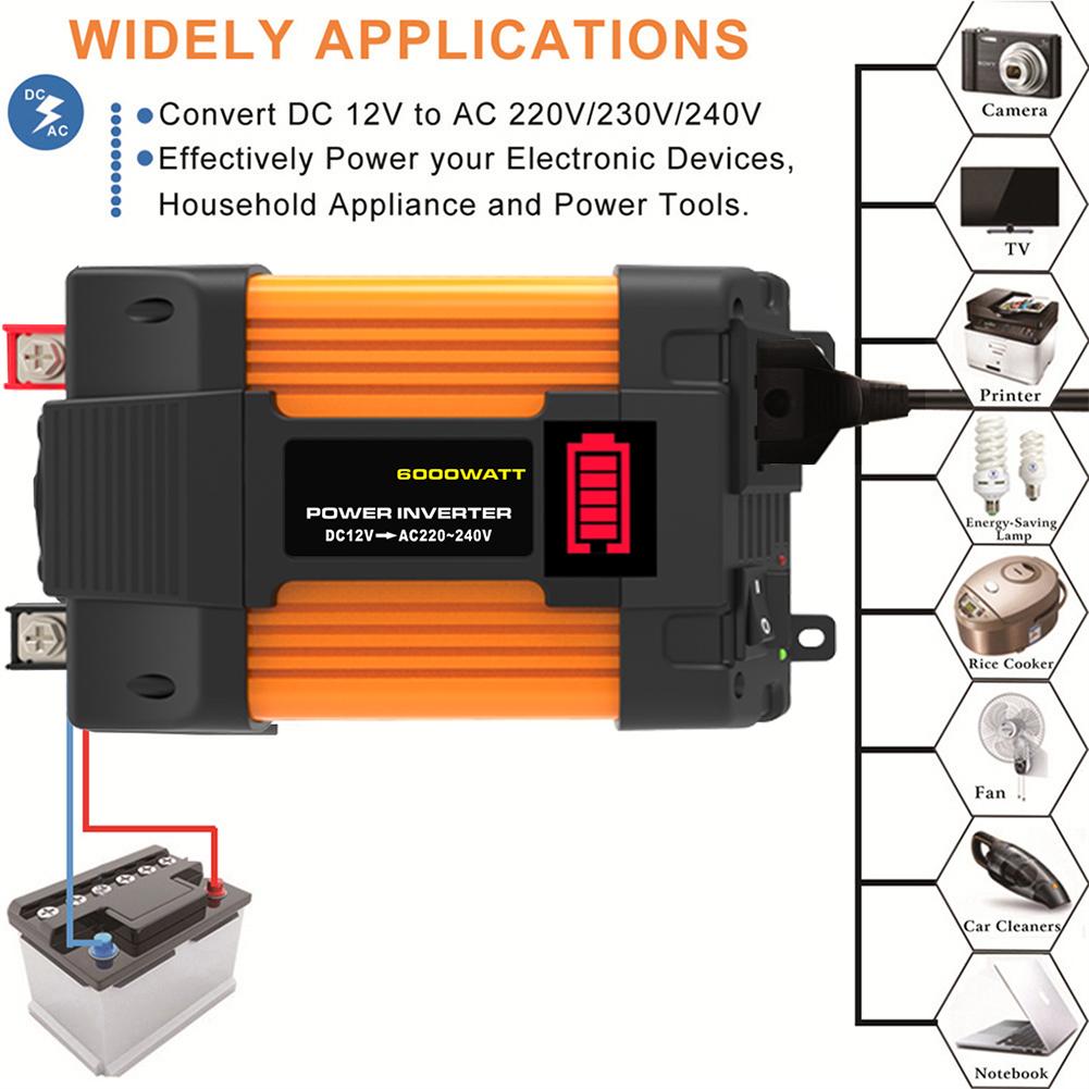 Any 12V Power Output Vehicle. Car Power Inverter 6000W Peaks Power LED Bettery Dispaly Lightweight Design Modified Sine Wave