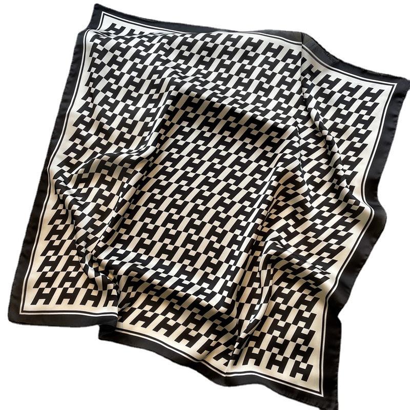 New Fashion Temperament Silk Scarf Women's Scarf Simulation Silk Simple Letter Color Matching Professional Scarf European and American Shawl