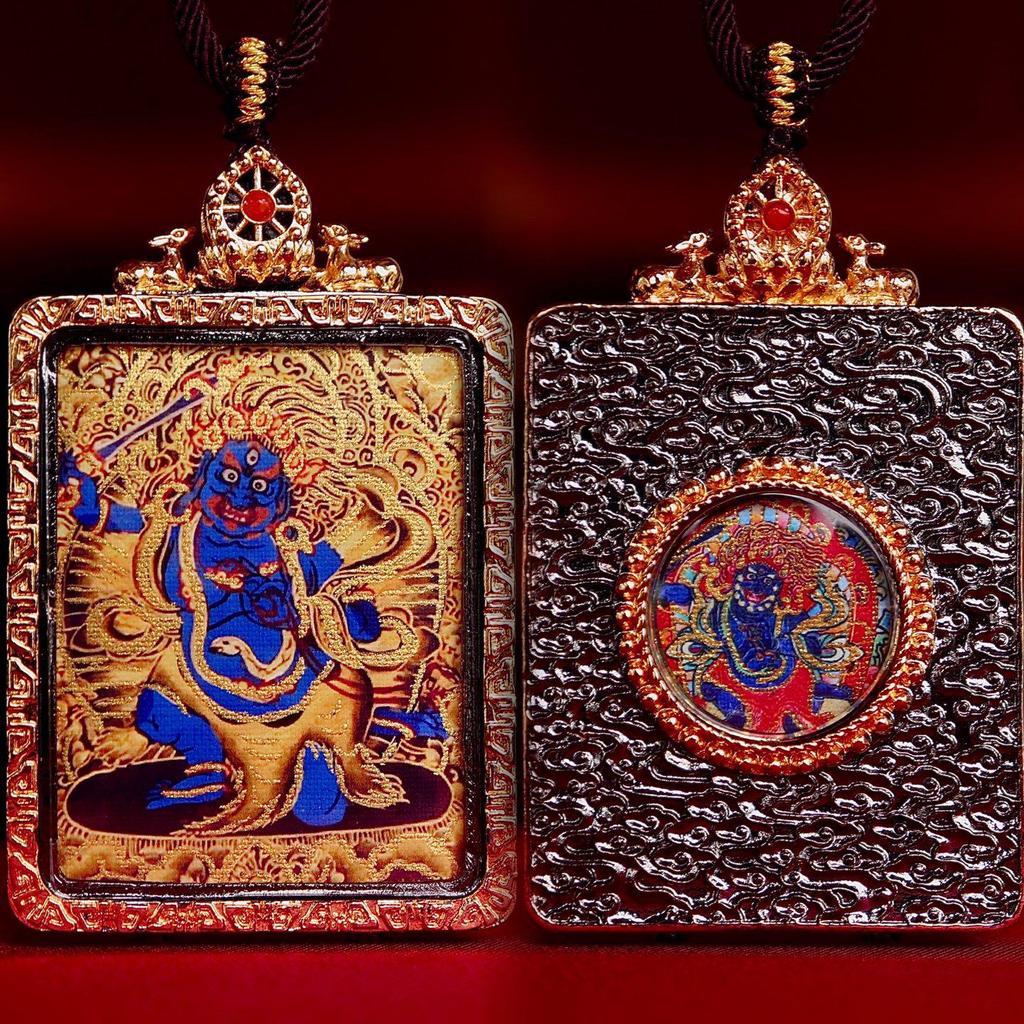 Qinghai Thangka Pendant: Eight Protectors Series, Semi-Hand-Painted Double-Sided Amulet with Guardian Deity.