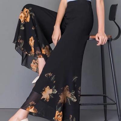 Zomer Dames Dubbellaags Bedrukte Chiffon Wijde Pijpen Broek Hoge Taille Losse Dans Swing Broek Hangende Rok Broek