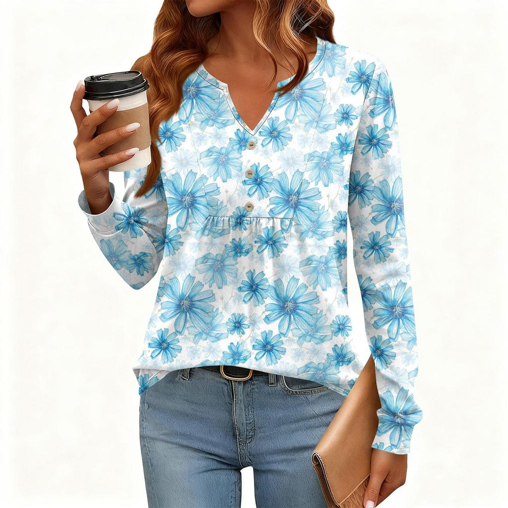 Γυναικείο Χαλαρό, V-λαιμόκοψη, Ρετρό Χρώμα, Μπλοκ με Φλοράλ Σχέδιο, Μακρυμάνικο Πουλόβερ T-shirt