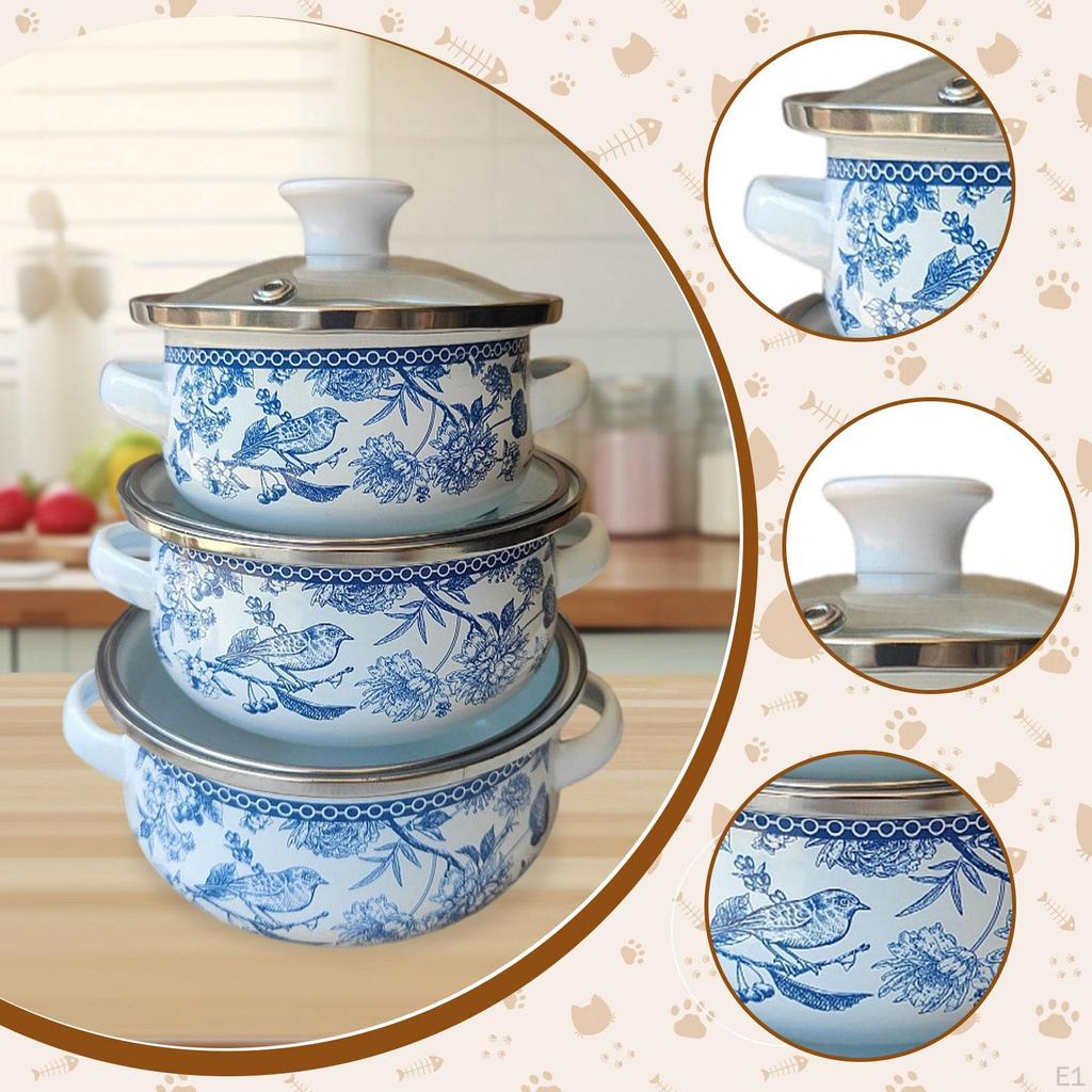 3Pcs Enamel Stockpot with Lid, Stew Bean Simmer Pot, Vintage Nonstick Simmering Pot Cooking Pots