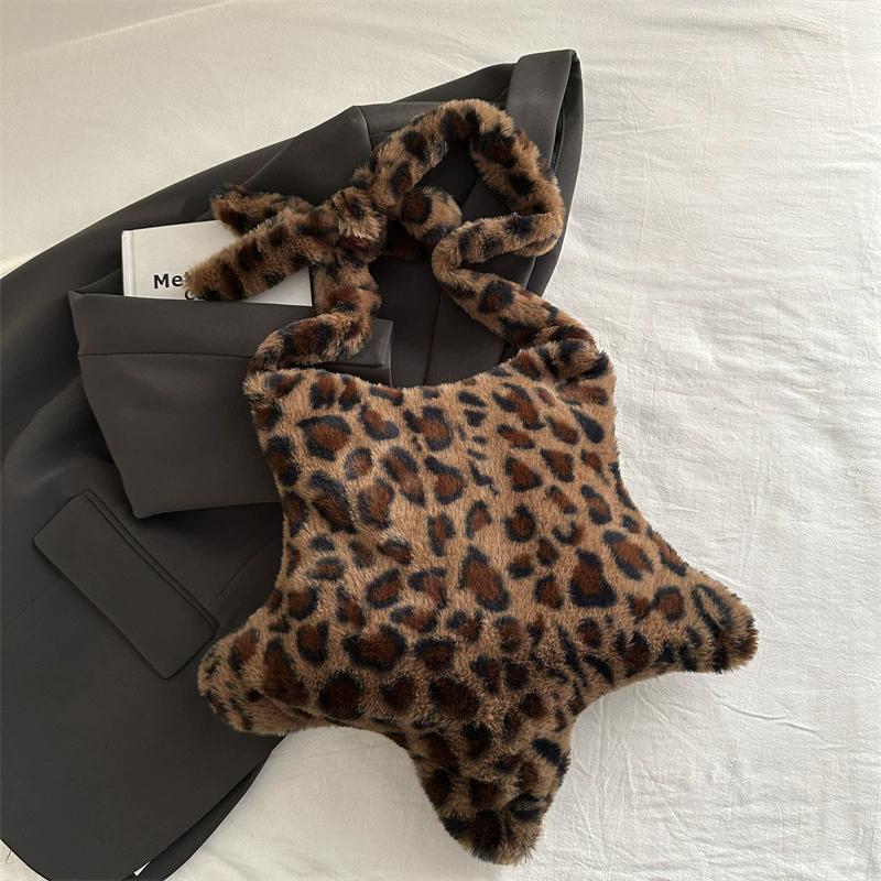 Winter Furry Star Large Capacity Shoulder Bag Vintage Tote Handbags Female Leopard Pattern Plush Crossbody Bags for Women CLE