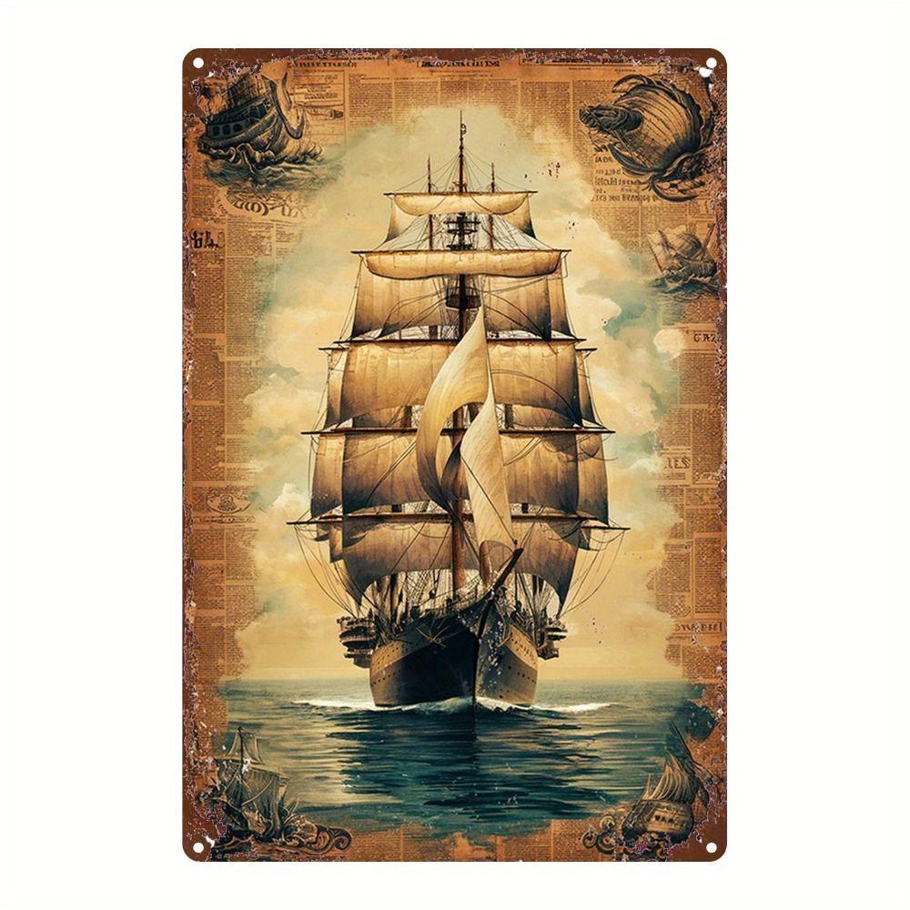 Vintage Nautical Metal Wall Art, Old Sailing Ship Pirate Decor, Home Wall Decor