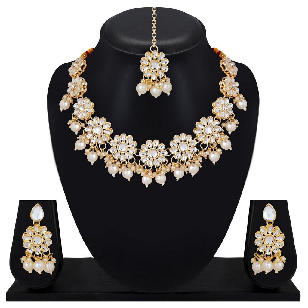 Traditional White Pearl Kundan Necklace Set | Kundan Choker | Fancy Jewellery with Earrings and Maang Tikka for Women Girls