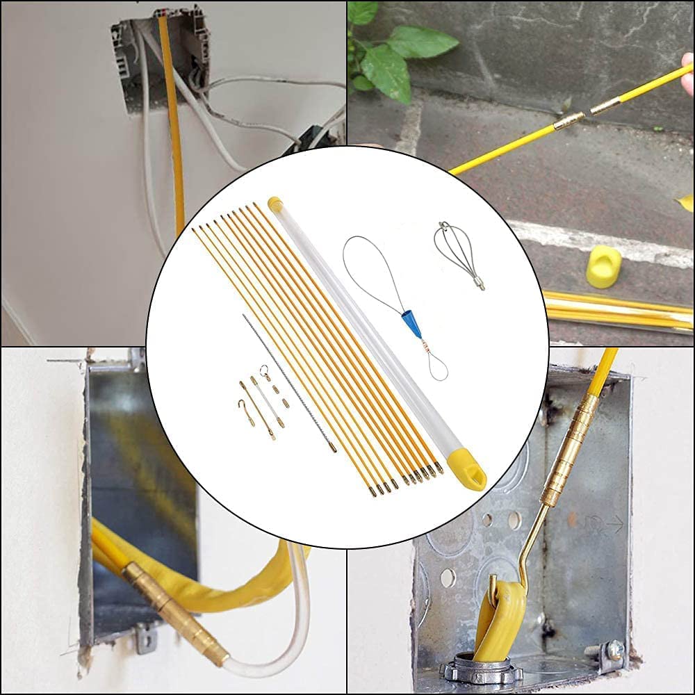 fanfeng Wire Pulling Rod, 1m, 6x6mm and 4x4mm Wires, Cable Guide, 9 Types of End Fittings, Storage Case Included, Yellow