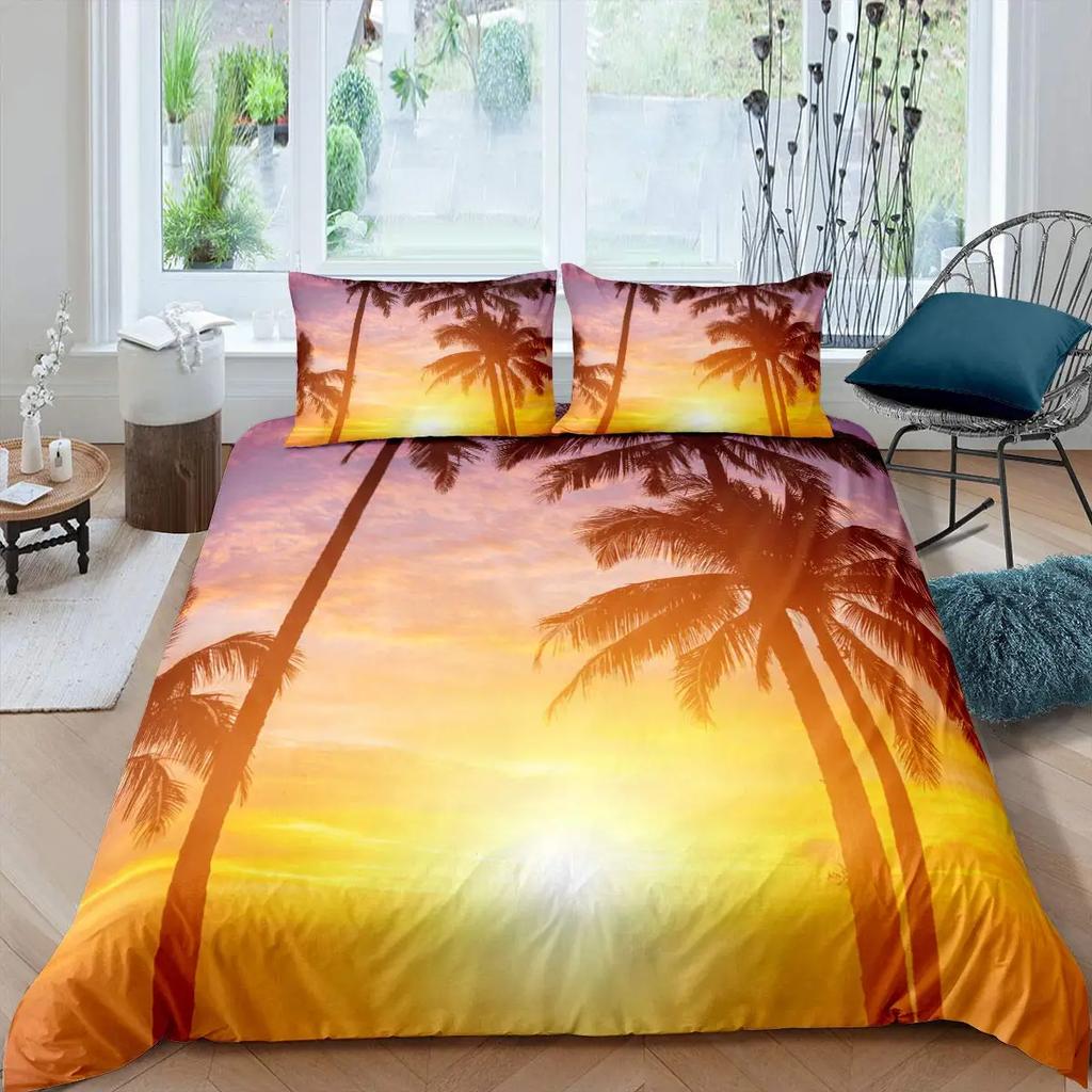 Comforter Tropical Coconut Tree King Queen Surfboard Palm Leaf Bedding Set Summer Ocean Polyester Comforter