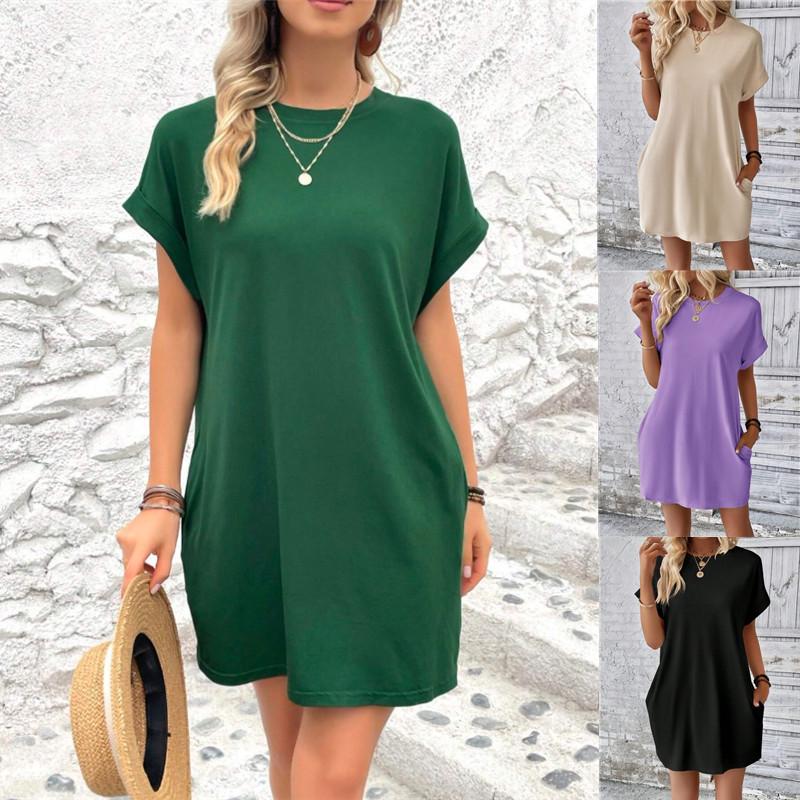 European and American Casual Batwing Sleeve Dress with Invisible Pockets (2024)