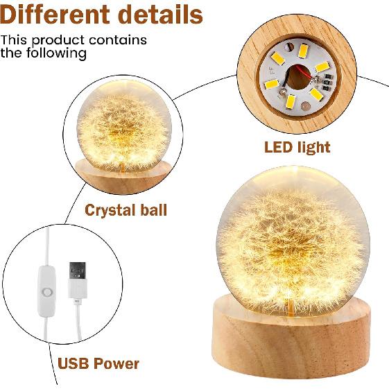 Crystal Dandelion Ball Night Light with Wooden Base USB Powered Dandelion Crystal Ball Night Lamp Fancy 3D LED Night Light Portable Night Lamp