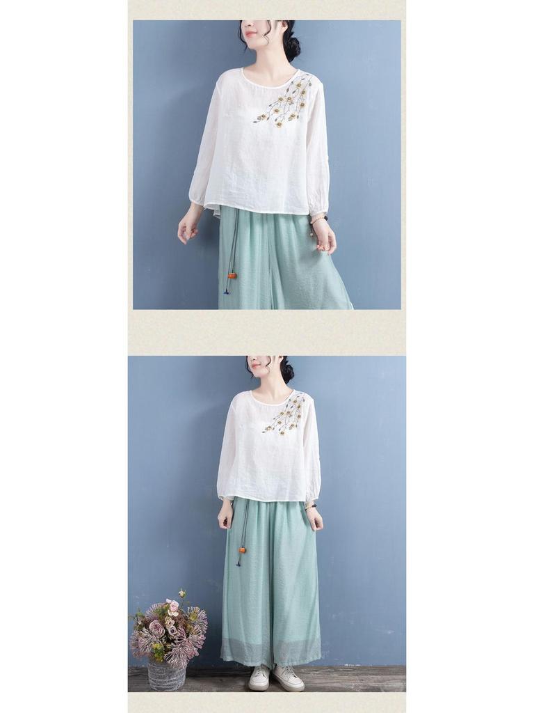 Dam 2024 Bomull-Linne Broderad Långärmad Retro Skjorta i Kinesisk Stil för Våren