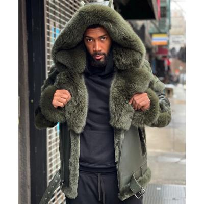 Veste en cuir pour homme avec capuche et col en fourrure épaisse