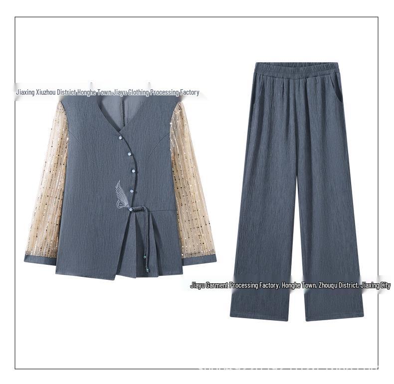 Mom's Summer Slimming Top & Elegant Wide-Leg Pants Set for Middle-Aged Women