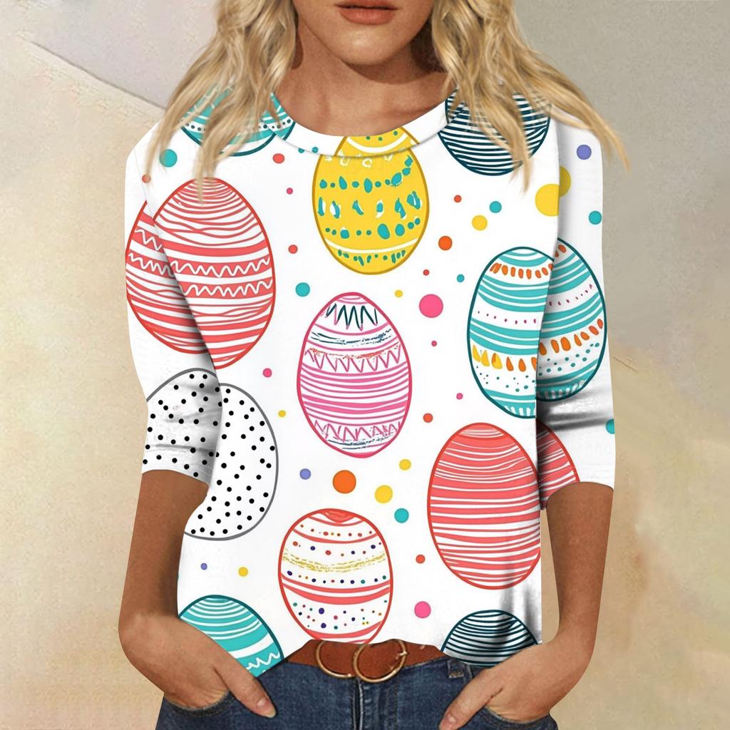 Top Pulóver Casual de Moda para Mujer con Mangas Tres Cuartos y Estampado de Pascua con Cuello Redondo