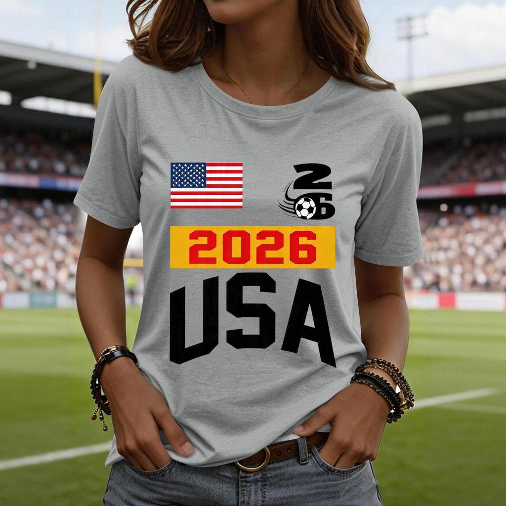 Women's Casual Short Sleeve T-Shirt Fashion Soccer World Cup Printed Crew Neck Top Lightweight Comfortable Fit USA 2026 Design
