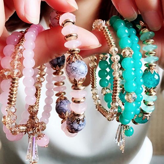 4Pcs Women Bracelets Faux Crystal Smooth Multi Pendant Jewelry Retro Bohemian Style with Elastic Cord Multi-layered Stackable Bracelet Set