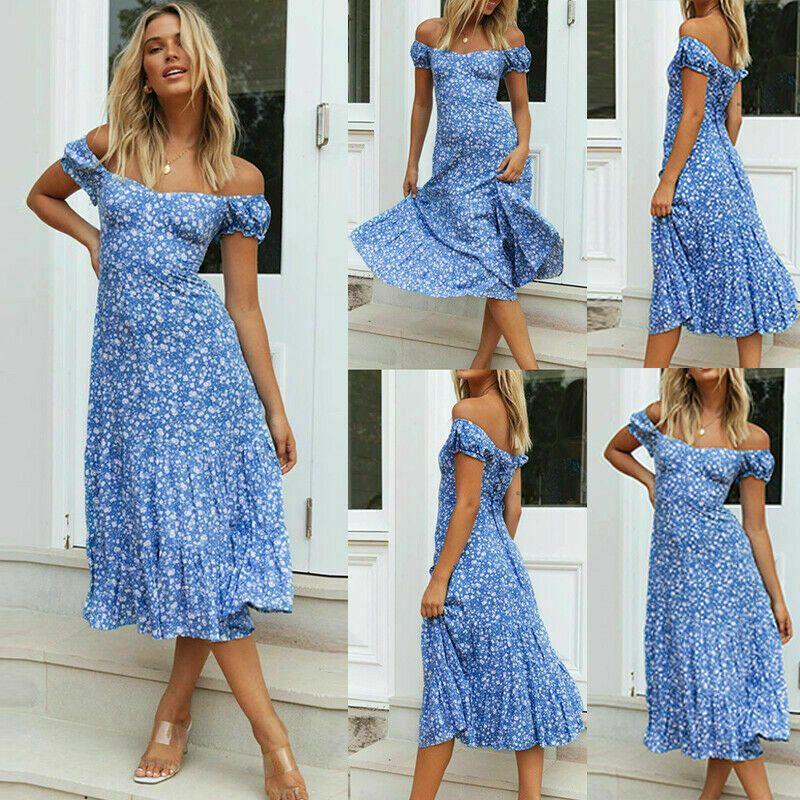 Vibrant Women's Boho Floral Off Shoulder Long Dress Perfect For Summer Beach Days