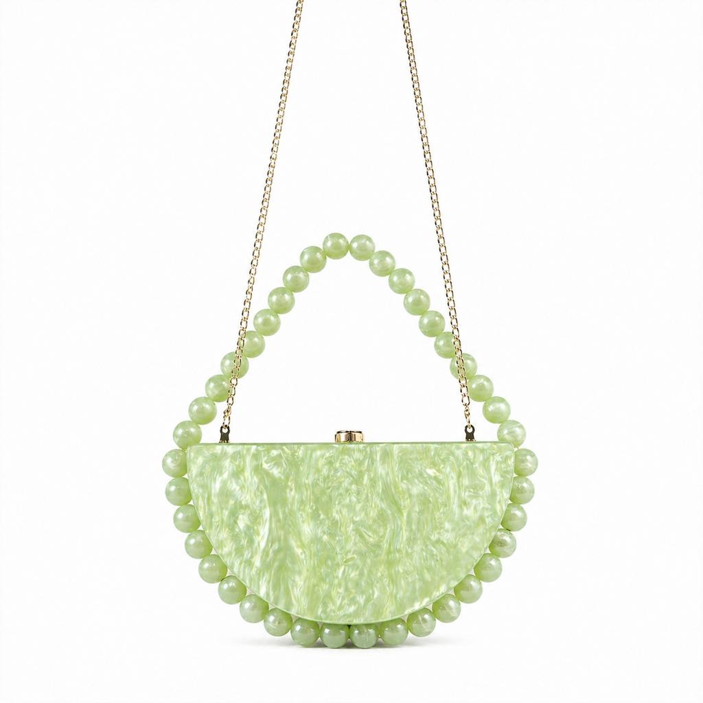 Nuova Borsa a Mano Semicircolare in Acrilico Perlescente con Perline per Donna Stile Vintage Quadrata Pochette da Sera