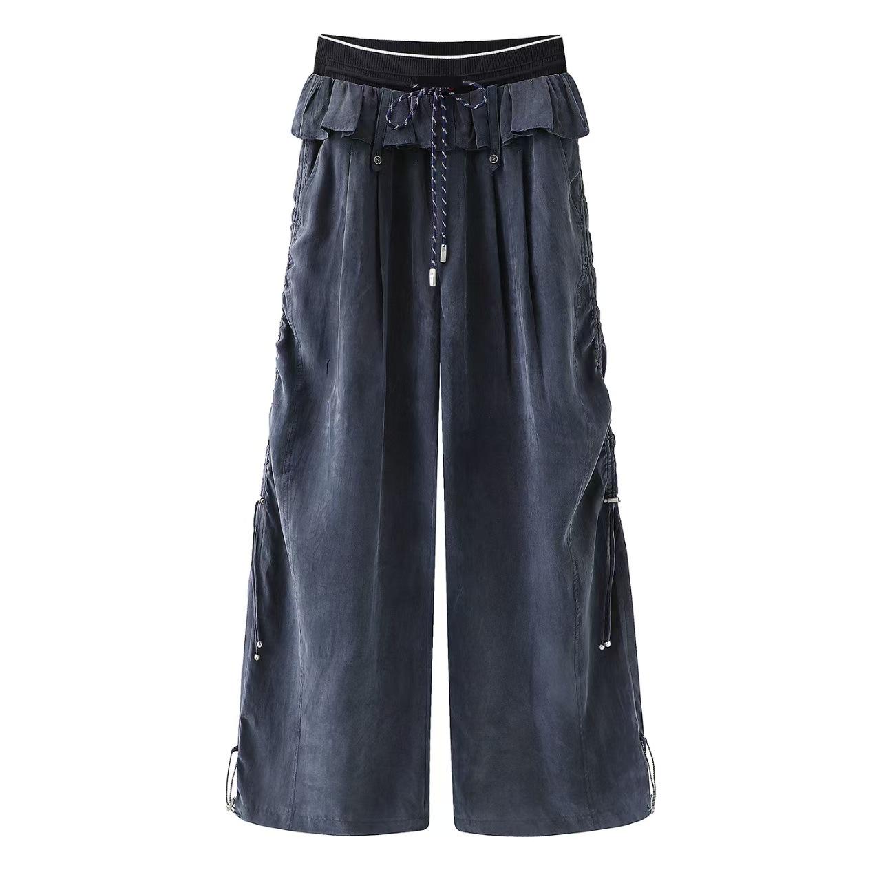 

In-Stock Spring 2026 Designer Sporty Wide-Leg Cargo Pants with Ribbed Waistband - Style RK11301421 Small темно-синий