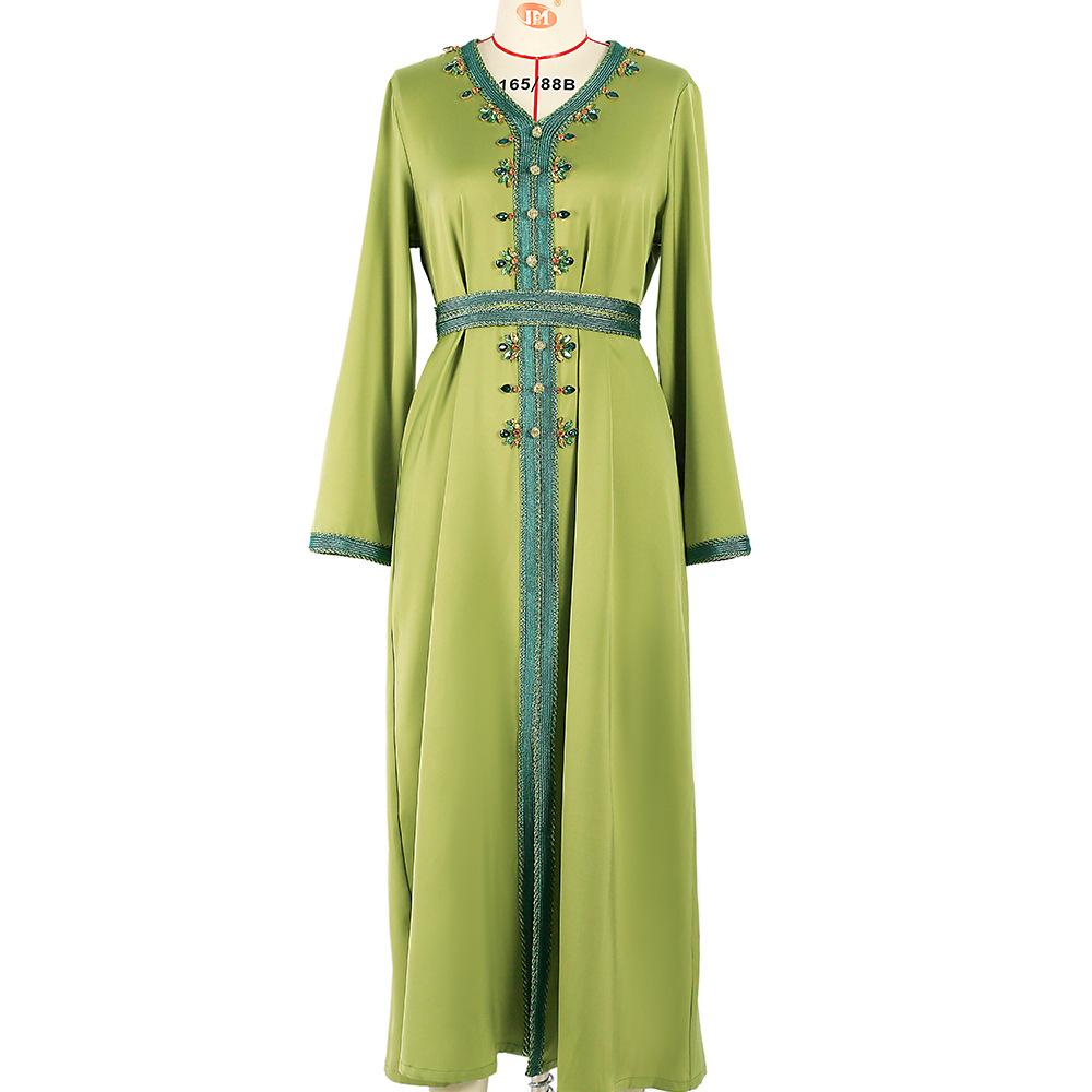

Женская одежда, однотонное модное мусульманское платье с v-образным вырезом, ручной вышивкой, стразами, лоскутной лентой M трава зеленый